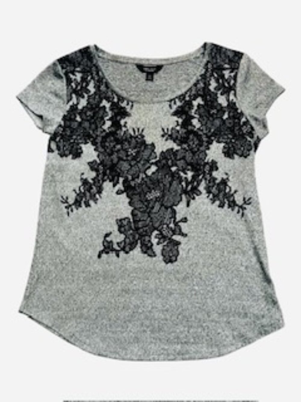 Vera Wang Women's Gray Short Sleeve Top W/Black Lace Print Pattern Sz M